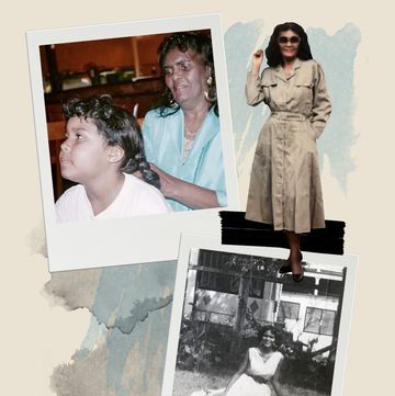 a collage featuring a photo of the author and her grandmother when she was a child and a photo of her grandmother in a trench coat