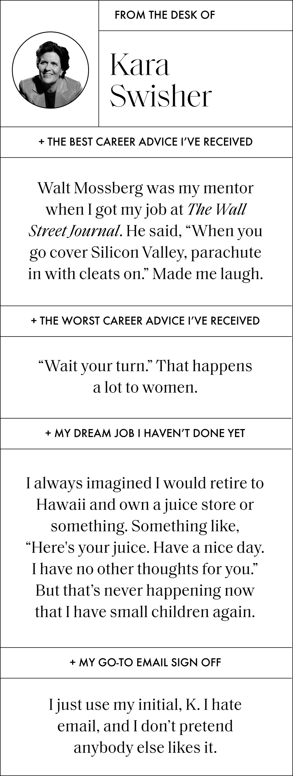 a question and answer with kara swisher that reads the best career advice i've received walt mossberg was my mentor when i got my job at the wall street journal he said, when you go cover silicon valley, parachute in with cleats on made me laugh the worst career advice i've received wait your turn that happens a lot to women my dream job i haven't done yet i always imagined i would retire to hawaii and own a juice store or something something like, here's your juice have a nice day i have no other thoughts for you but that’s never happening now that i have small children again my go to email sign off i just use my initial, k i hate email, and i don’t pretend anybody else likes it