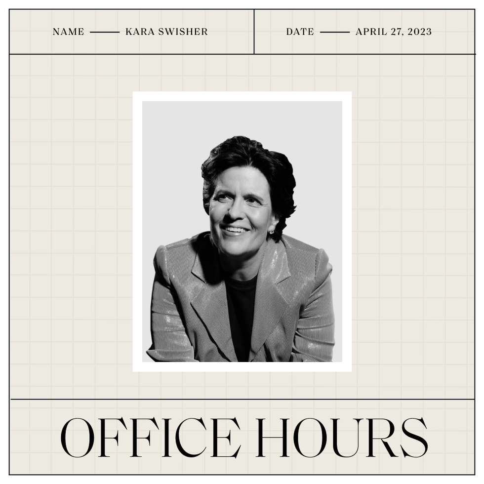 a black and white headshot of kara swisher with her name and the date above it and the office hours logo below it